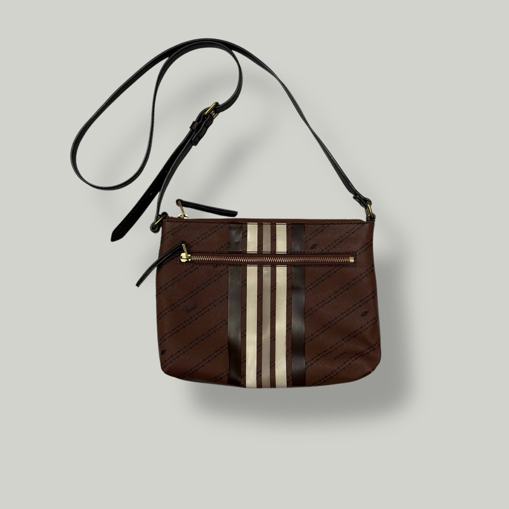 FOSSIL Crossbody Women Bag Brown Fiona Adjustable Strap Stripe Pattern Brass